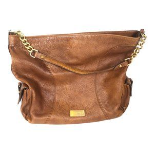 Brahmin Cognac Brown Leather Shoulder Bag with Gold Chain Accents